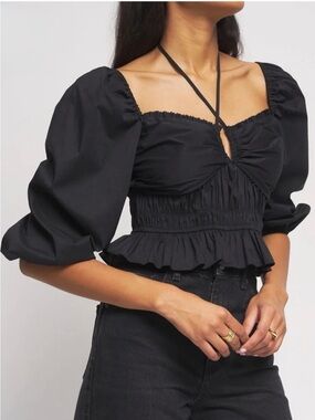 Bailey 44 Shani Black Smocked Peplum Halter Puff Sleeve Blouse Top XL NWOT